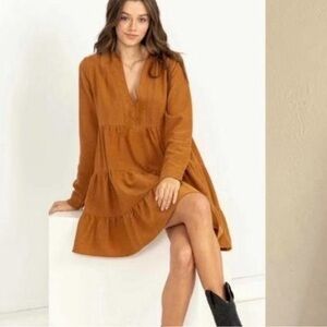 Lucky Brand Tiered Long Sleeve Burnt Orange Bohemian Dress Relaxed Size Medium